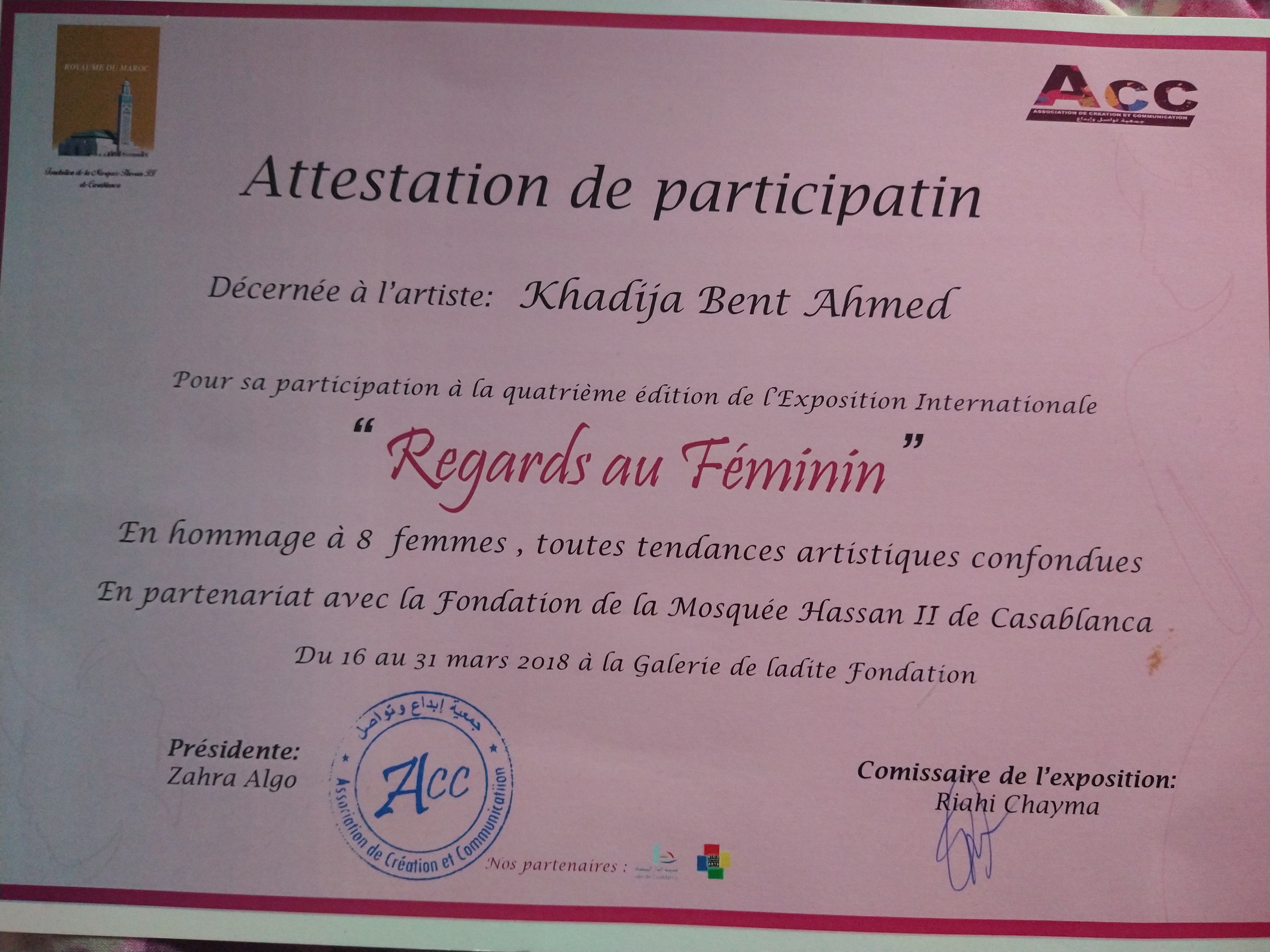 Attestation — « Regards au Féminin » 4ème Édition